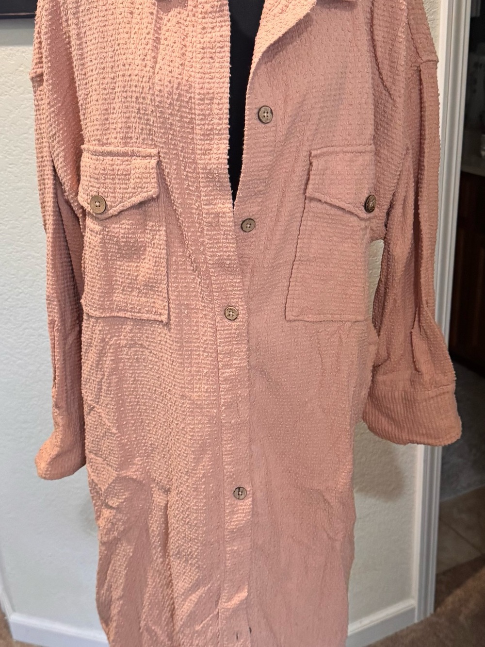 Free People Women’s Textured Long Button Jacket Coat - Dusty Rose